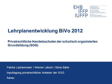 Lehrplanentwicklung BiVo 2012 Privatrechtliche Handelsschulen der schulisch organisierten Grundbildung (SOG) Patrick Lachenmeier / Werner Lätsch / Silvia.
