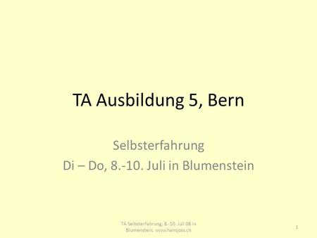 TA Ausbildung 5, Bern Selbsterfahrung Di – Do, 8.-10. Juli in Blumenstein 1 TA Selbsterfahrung, 8.-10. Juli 08 in Blumenstein, www.hansjoss.ch.