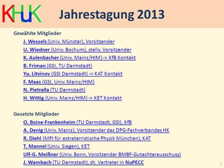 Jahrestagung 2013 Gewählte Mitglieder J. Wessels (Univ. Münster), Vorsitzender U. Wiedner (Univ. Bochum), stellv. Vorsitzender K. Aulenbacher (Univ. Mainz/HIM)