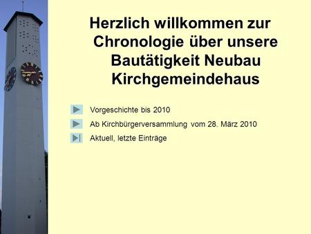 Herzlich willkommen zur Chronologie über unsere Bautätigkeit Neubau Kirchgemeindehaus Vorgeschichte bis 2010 Ab Kirchbürgerversammlung vom 28. März 2010.