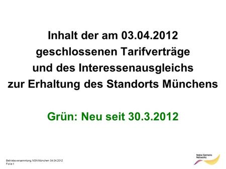 Folie 1 Betriebsversammlung, NSN München 04.04.2012 Inhalt der am 03.04.2012 geschlossenen Tarifverträge und des Interessenausgleichs zur Erhaltung des.