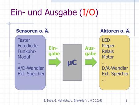 Ein- und Ausgabe (I/O) E. Eube, G. Heinrichs, U. Ihlefeldt (V 1.0 C 2016) 1 µC Aktoren o. Ä. LED Pieper Relais Motor … D/A-Wandler Ext. Speicher … Aus-