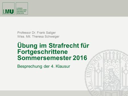 Professor Dr. Frank Saliger Wiss. Mit. Theresa Schweiger Übung im Strafrecht für Fortgeschrittene Sommersemester 2016 Besprechung der 4. Klausur.