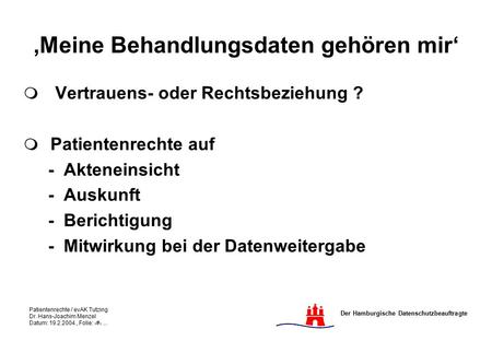 Der Hamburgische Datenschutzbeauftragte Patientenrechte / evAK Tutzing Dr. Hans-Joachim Menzel Datum: 19.2.2004, Folie: 1... ‚Meine Behandlungsdaten gehören.