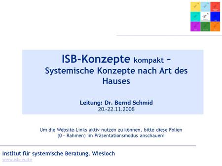 Institut für systemische Beratung, Wiesloch  ISB-Konzepte kompakt – Systemische Konzepte nach Art des Hauses Leitung: Dr. Bernd Schmid