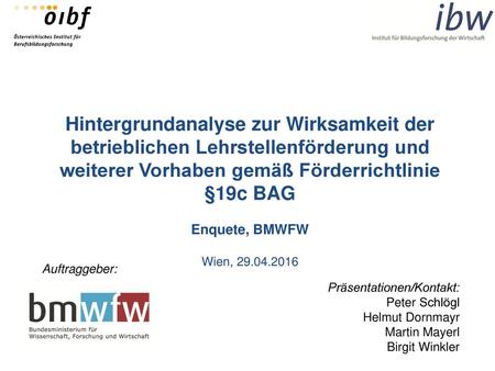 Hintergrundanalyse zur Wirksamkeit der betrieblichen Lehrstellenförderung und weiterer Vorhaben gemäß Förderrichtlinie §19c BAG Enquete, BMWFW Wien, 29.04.2016.