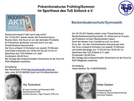 Präventionskurse Frühling/Sommer Im Sporthaus des TuS Sülbeck e.V.