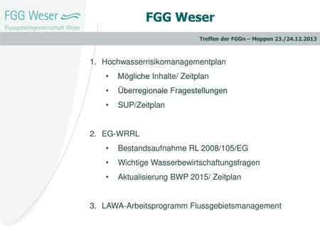 FGG Weser Hochwasserrisikomanagementplan Mögliche Inhalte/ Zeitplan