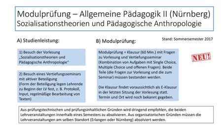Modulprüfung – Allgemeine Pädagogik II (Nürnberg) Sozialisationstheorien und Pädagogische Anthropologie A) Studienleistung: Stand: Sommersemester 2017.