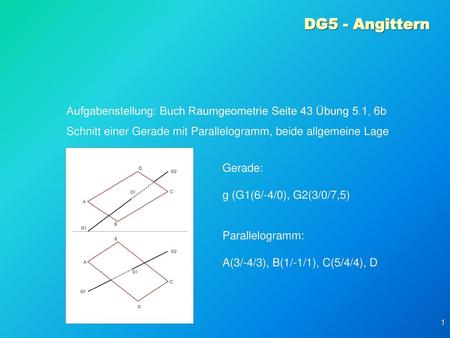 DG5 - Angittern Aufgabenstellung: Buch Raumgeometrie Seite 43 Übung 5.1, 6b Schnitt einer Gerade mit Parallelogramm, beide allgemeine Lage Gerade: g (G1(6/-4/0),