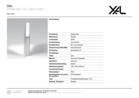 XAL PERO 800 TC-L 2G11 EVG Beschreibung - Leuchtenart