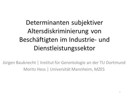 Determinanten subjektiver Altersdiskriminierung von Beschäftigten im Industrie- und Dienstleistungssektor Jürgen Bauknecht | Institut für Gerontologie.
