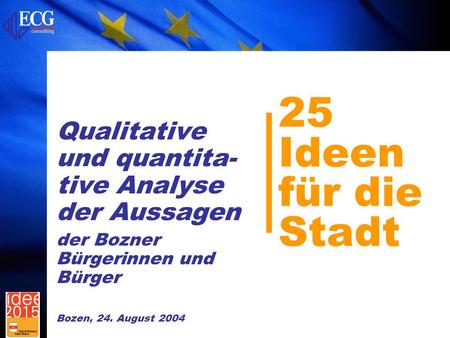 25 Ideen für die Stadt Qualitative und quantita- tive Analyse der Aussagen der Bozner Bürgerinnen und Bürger Bozen, 24. August 2004.