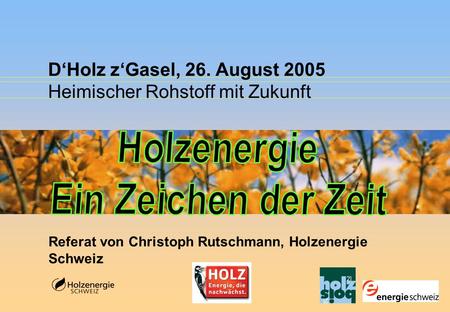 D‘Holz z‘Gasel, 26. August 2005 Heimischer Rohstoff mit Zukunft Referat von Christoph Rutschmann, Holzenergie Schweiz.