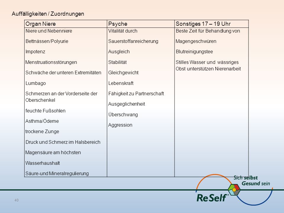 Auffälligkeiten / Zuordnungen Organ Niere Psyche Sonstiges 17 – 19 Uhr