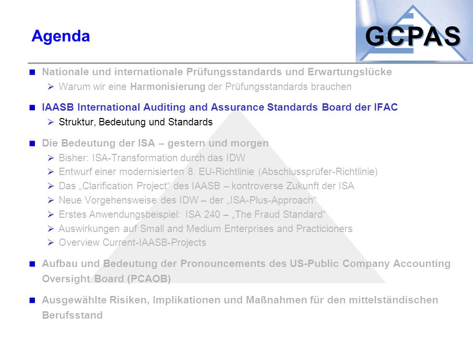 Agenda Nationale und internationale Prüfungsstandards und Erwartungslücke. Warum wir eine Harmonisierung der Prüfungsstandards brauchen.