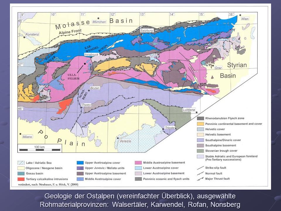 Geologie der Ostalpen (vereinfachter Überblick), ausgewählte Rohmaterialprovinzen: Walsertäler, Karwendel, Rofan, Nonsberg