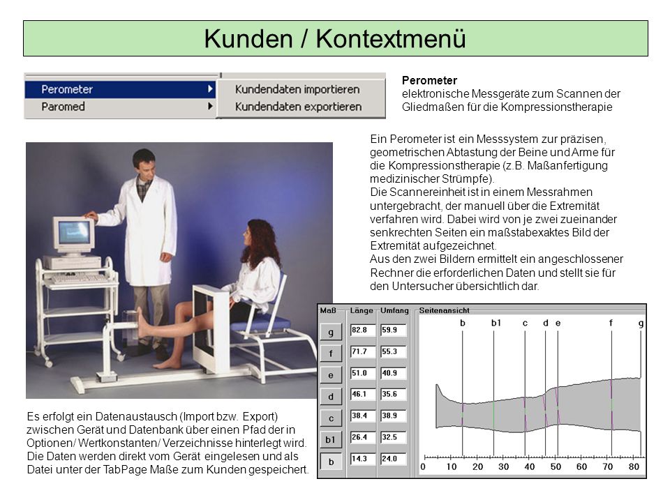 Kunden / Kontextmenü Perometer elektronische Messgeräte zum Scannen der Gliedmaßen für die Kompressionstherapie.