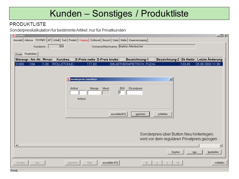 Kunden – Sonstiges / Produktliste