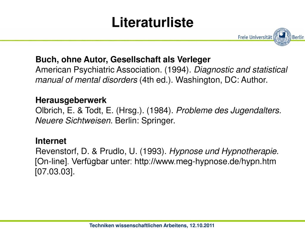 Literaturliste Buch, ohne Autor, Gesellschaft als Verleger