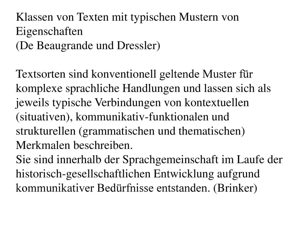 Klassen von Texten mit typischen Mustern von Eigenschaften