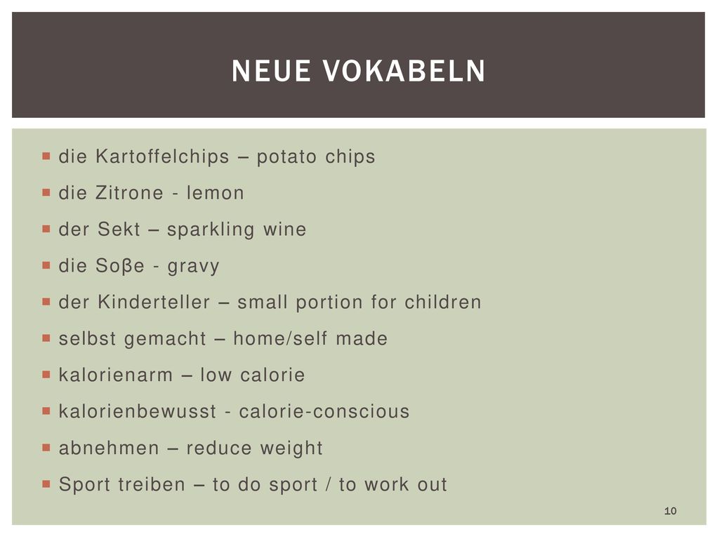 Neue vokabeln die Kartoffelchips – potato chips die Zitrone - lemon