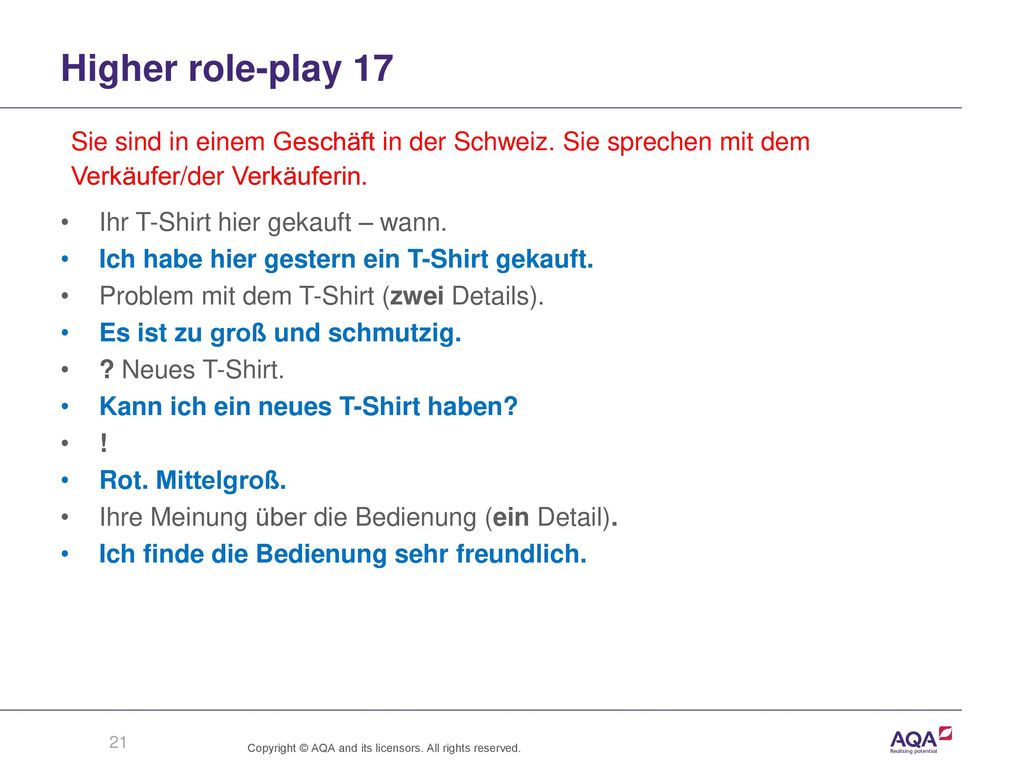 Higher role-play 17 Sie sind in einem Geschäft in der Schweiz. Sie sprechen mit dem. Verkäufer/der Verkäuferin.