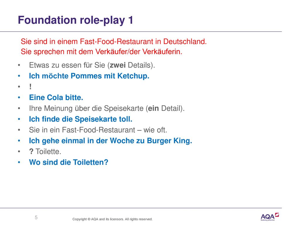 Foundation role-play 1 Sie sind in einem Fast-Food-Restaurant in Deutschland. Sie sprechen mit dem Verkäufer/der Verkäuferin.