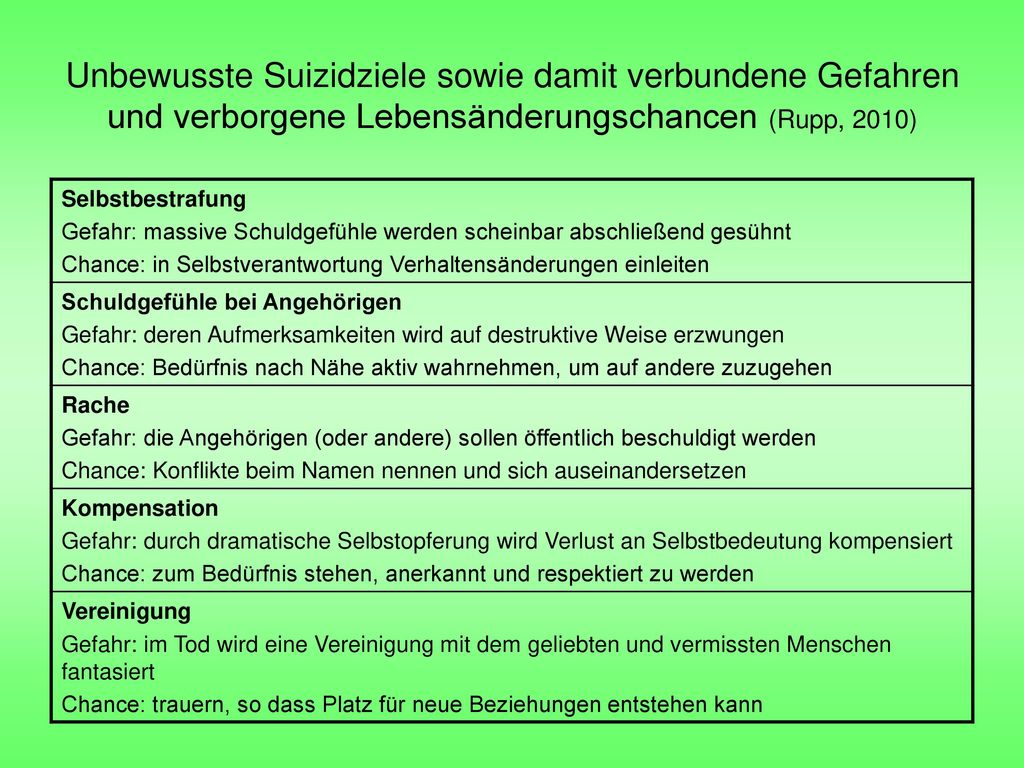 Unbewusste Suizidziele sowie damit verbundene Gefahren und verborgene Lebensänderungschancen (Rupp, 2010)