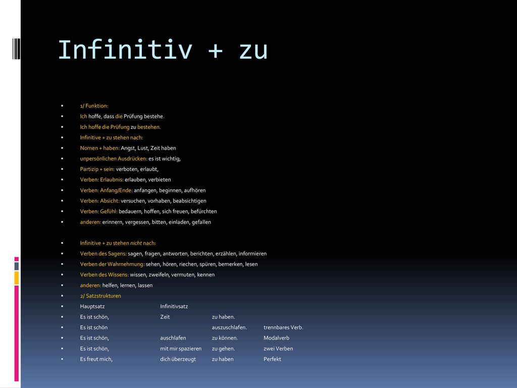 Infinitiv + zu 1/ Funktion: Ich hoffe, dass die Prüfung bestehe.