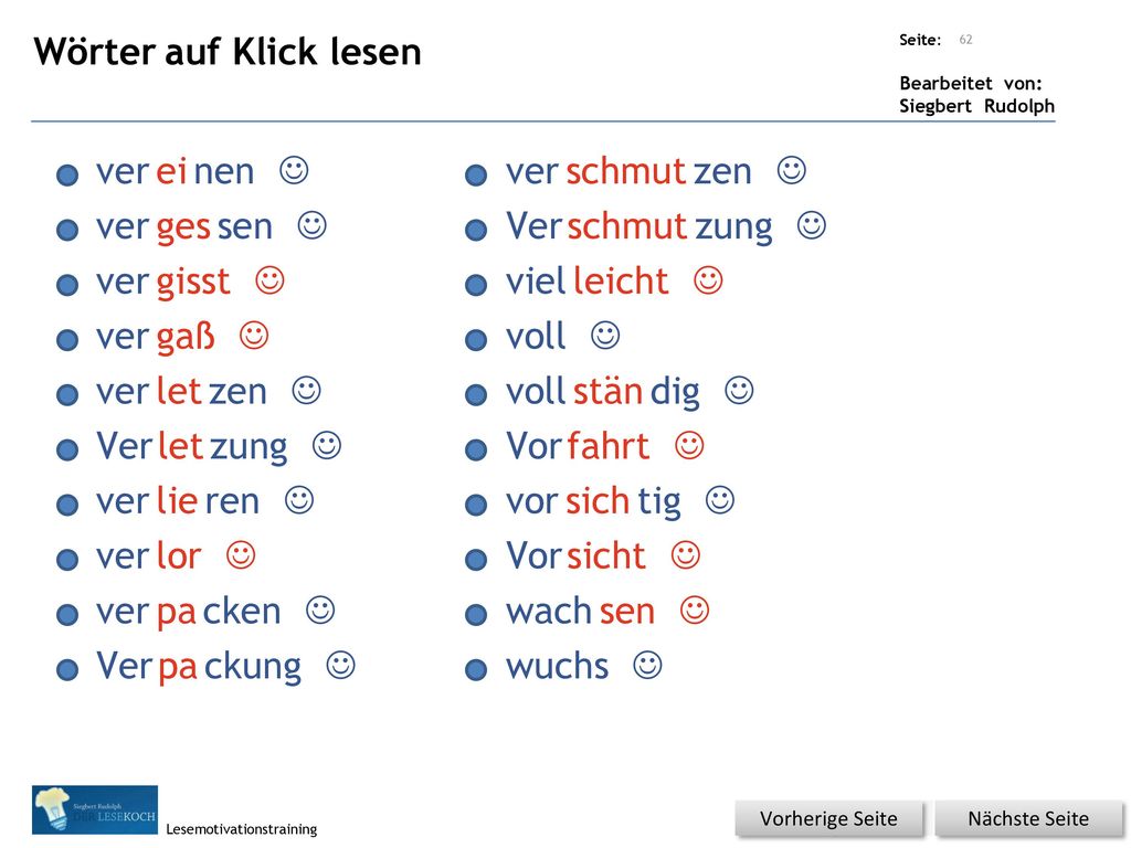 Wörter auf Klick lesen ver ei nen J ver schmut zen J ver ges sen J Ver