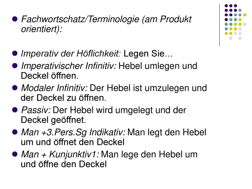 Fachwortschatz/Terminologie (am Produkt orientiert):
