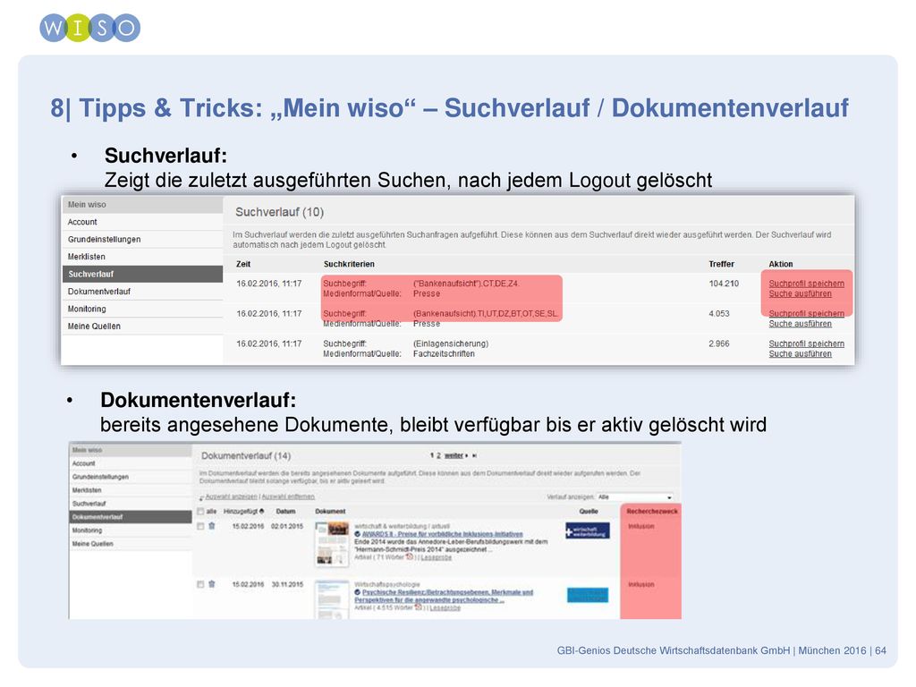 8| Tipps & Tricks: „Mein wiso – Suchverlauf / Dokumentenverlauf