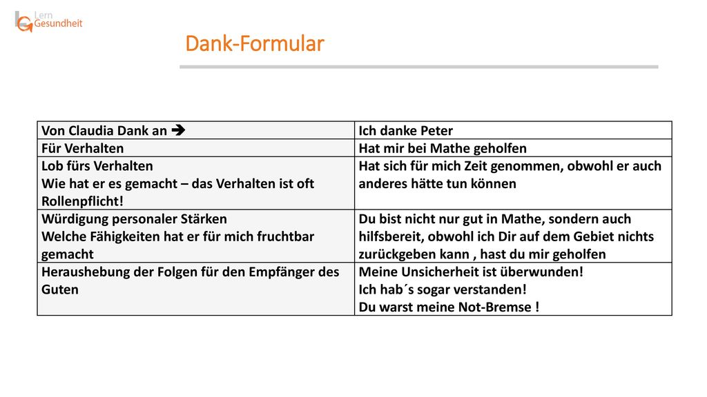 Dank-Formular Von Claudia Dank an  Ich danke Peter Für Verhalten