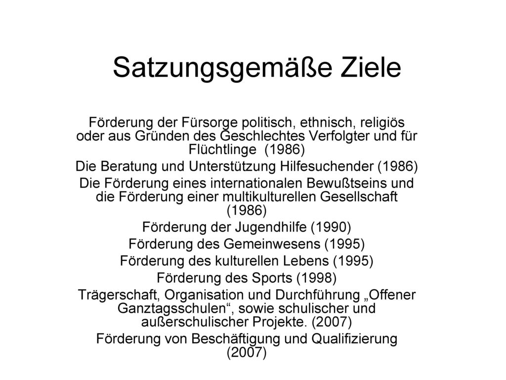 Satzungsgemäße Ziele Förderung der Fürsorge politisch, ethnisch, religiös oder aus Gründen des Geschlechtes Verfolgter und für Flüchtlinge (1986)