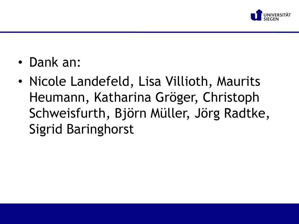 Dank an: Nicole Landefeld, Lisa Villioth, Maurits Heumann, Katharina Gröger, Christoph Schweisfurth, Björn Müller, Jörg Radtke, Sigrid Baringhorst.
