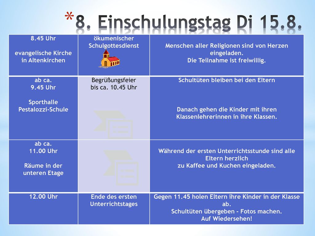 8. Einschulungstag Di Uhr evangelische Kirche