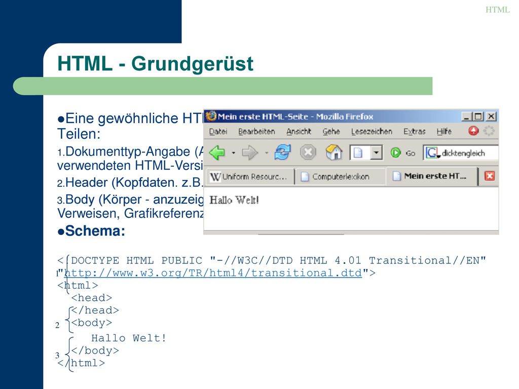 HTML HTML - Grundgerüst. Eine gewöhnliche HTML-Datei besteht grundsätzlich aus folgenden Teilen: