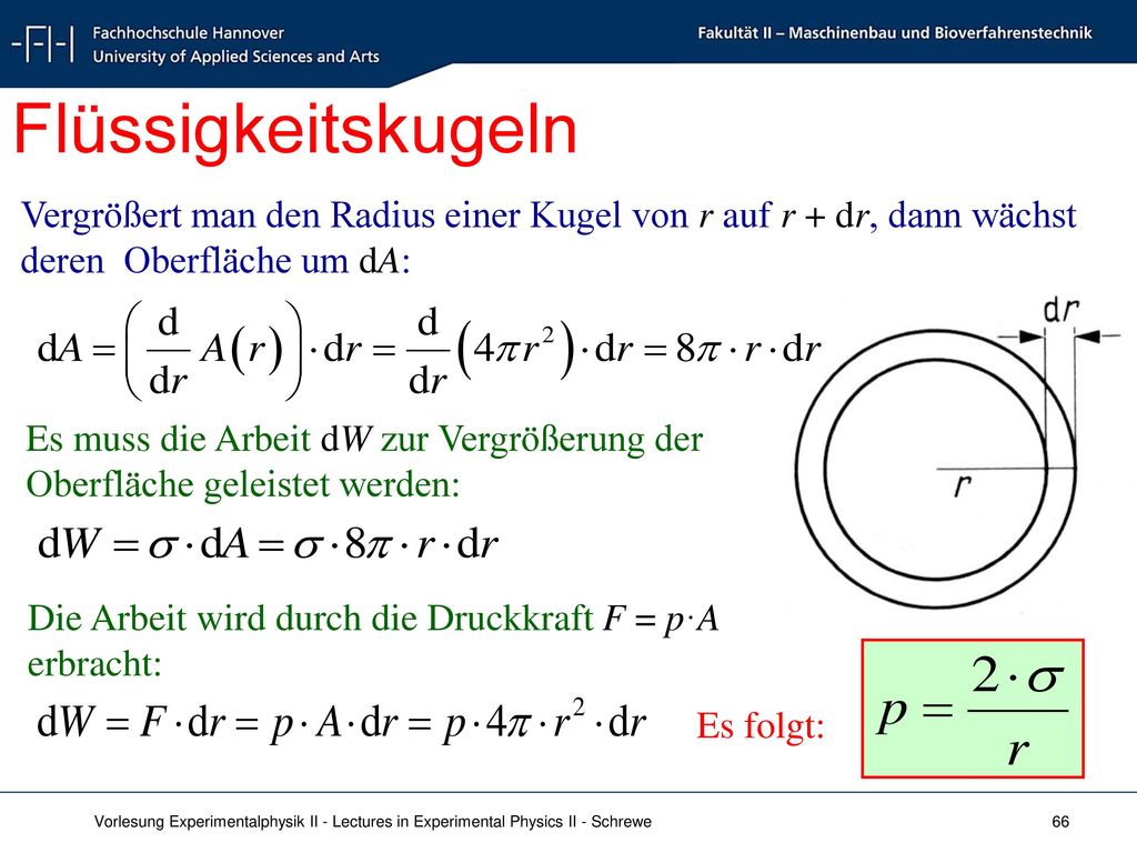 Flüssigkeitskugeln Vergrößert man den Radius einer Kugel von r auf r + dr, dann wächst deren Oberfläche um dA: