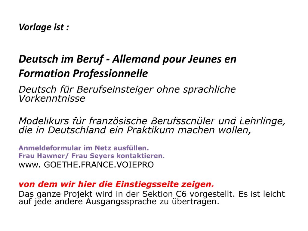Vorlage ist : Deutsch im Beruf - Allemand pour Jeunes en Formation Professionnelle