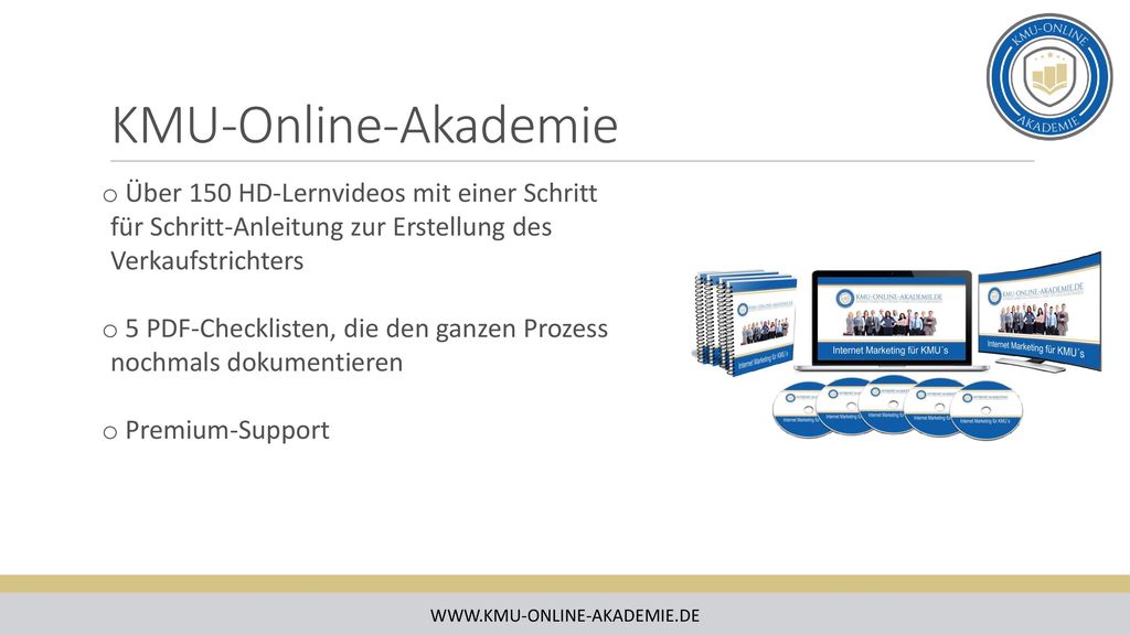 KMU-Online-Akademie Über 150 HD-Lernvideos mit einer Schritt für Schritt-Anleitung zur Erstellung des Verkaufstrichters.