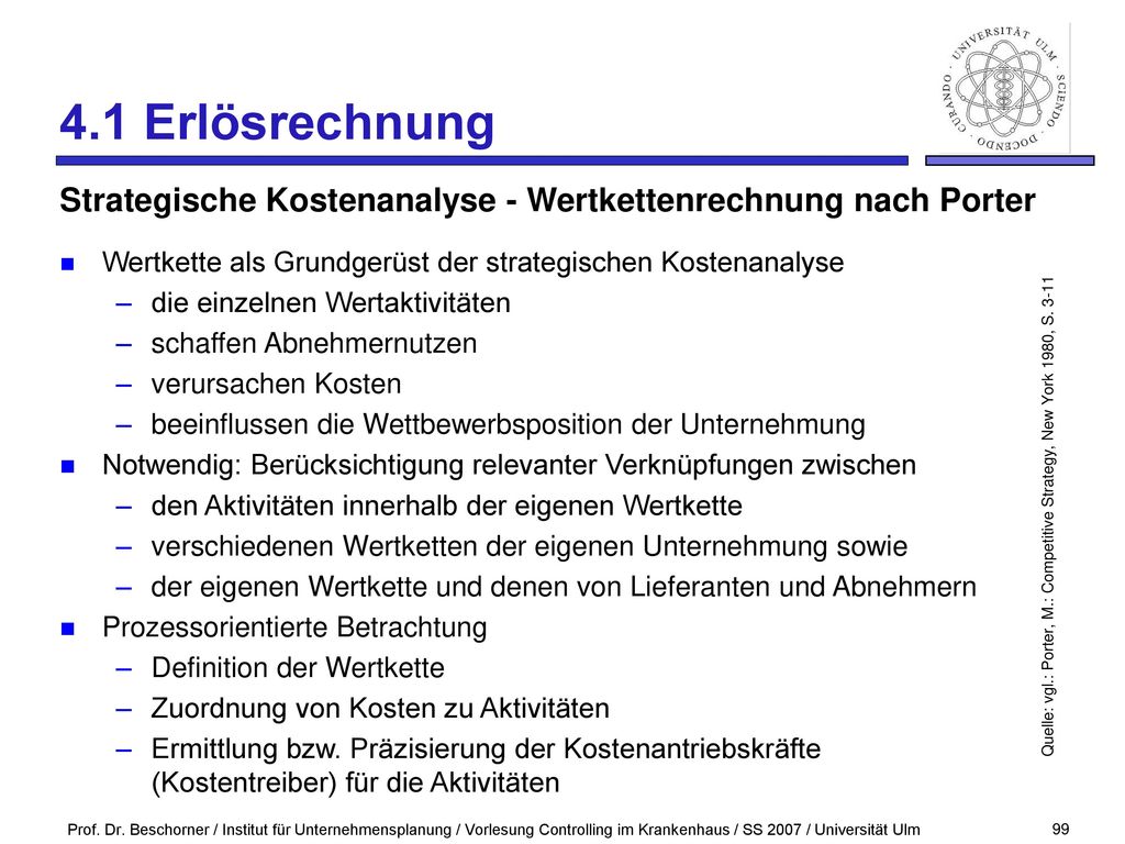 4.1 Erlösrechnung Strategische Kostenanalyse - Wertkettenrechnung nach Porter. Wertkette als Grundgerüst der strategischen Kostenanalyse.