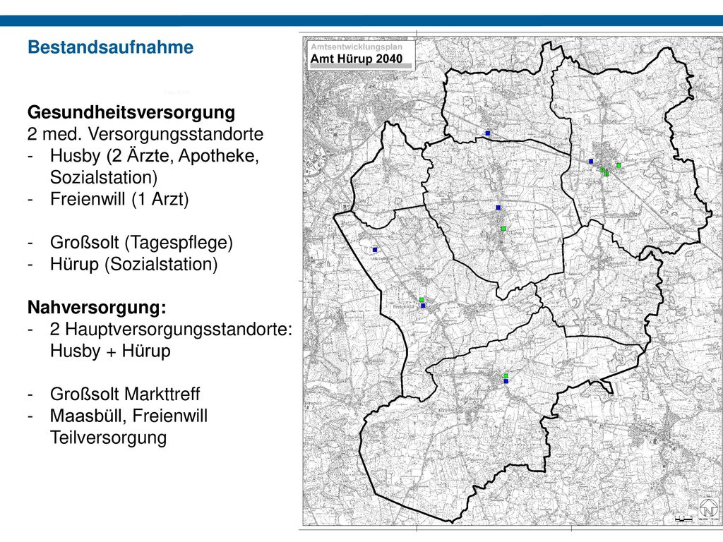 Bestandsaufnahme Gesundheitsversorgung. 2 med. Versorgungsstandorte. Husby (2 Ärzte, Apotheke, Sozialstation)