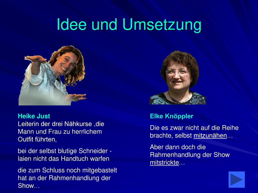 Idee und Umsetzung Heike Just Leiterin der drei Nähkurse ,die Mann und Frau zu herrlichem Outfit führten,