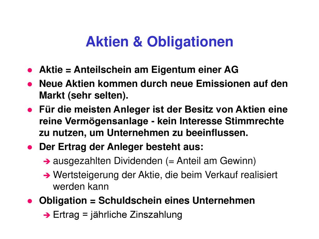 Aktien & Obligationen Aktie = Anteilschein am Eigentum einer AG