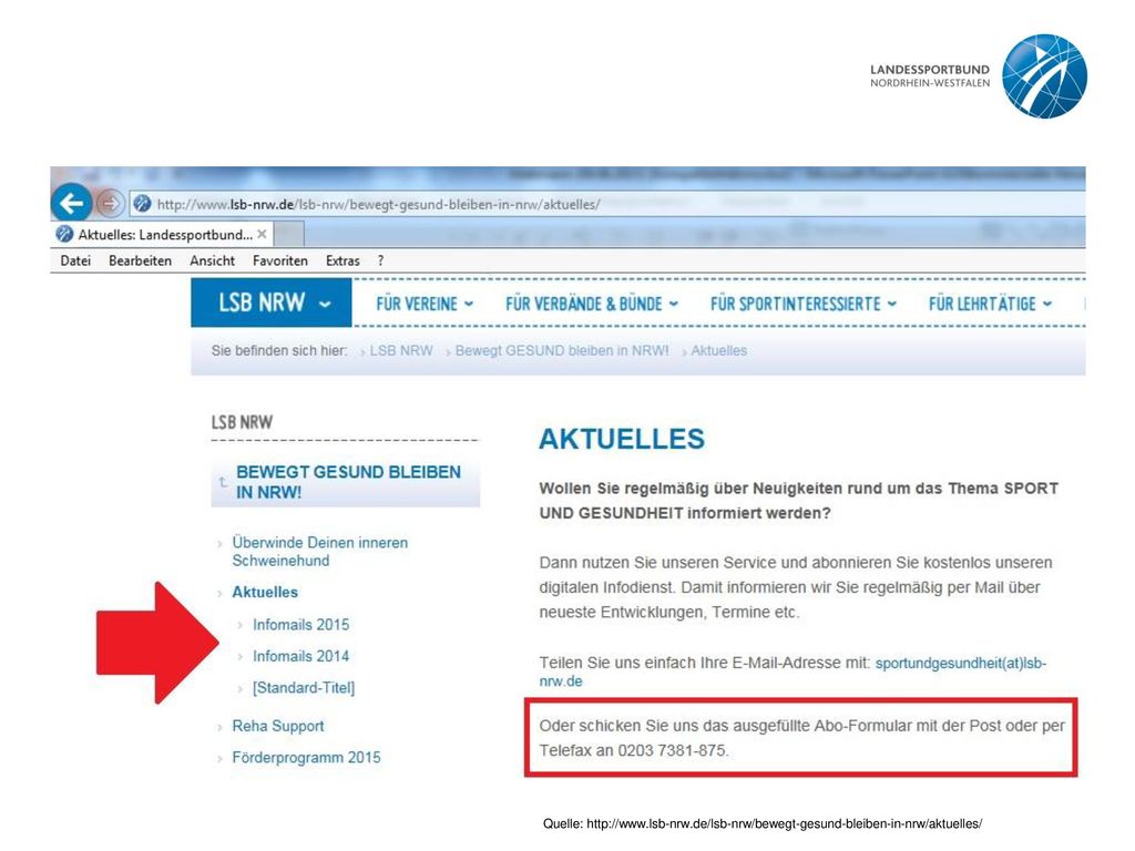 Beispiele für Informationen des Landessportbundes und andere Organisationen vor, die kostenfrei abonniert werden können