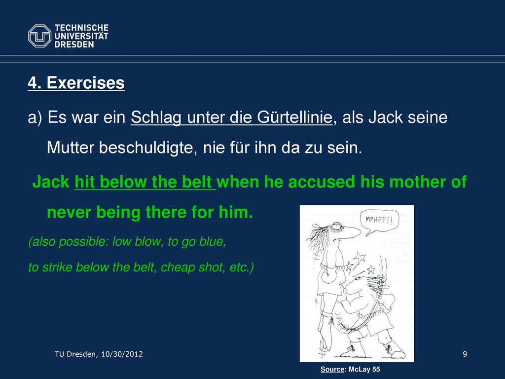 4. Exercises a) Es war ein Schlag unter die Gürtellinie, als Jack seine Mutter beschuldigte, nie für ihn da zu sein.