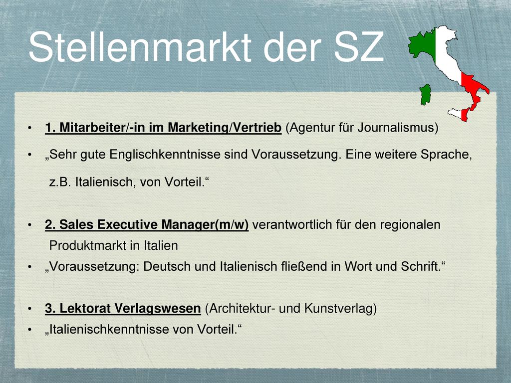 Stellenmarkt der SZ 1. Mitarbeiter/-in im Marketing/Vertrieb (Agentur für Journalismus)