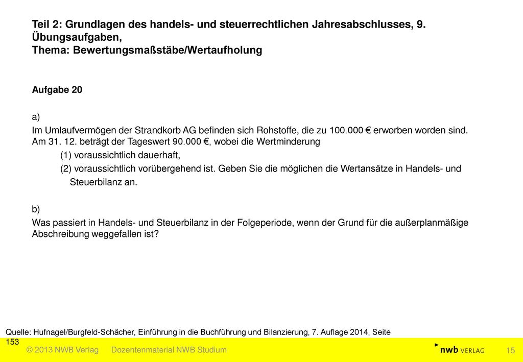 Teil 2: Grundlagen des handels- und steuerrechtlichen Jahresabschlusses, 9. Übungsaufgaben, Thema: Bewertungsmaßstäbe/Wertaufholung