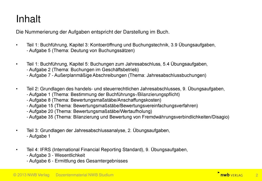 Inhalt Die Nummerierung der Aufgaben entspricht der Darstellung im Buch.